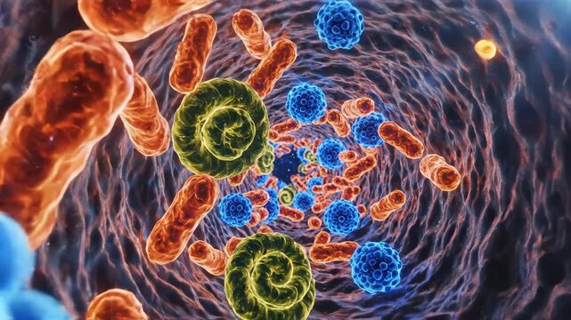 Microscopic view of bacteria and cells