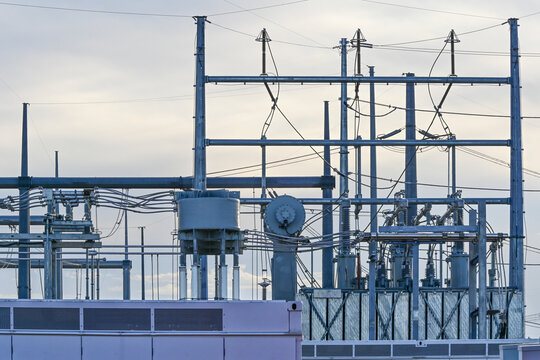 Electrical substation supplying power to commercial data center, representing high voltage distribution infrastructure, grid interconnection, and industrial energy systems