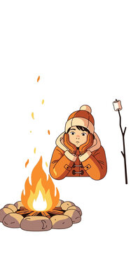 Cozy Winter Evening With Marshmallows By A Warm Campfire