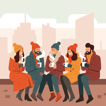 Cozy Winter Gathering Friends Sharing Warm Drinks Outdoors