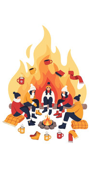 Cozy Winter Gathering Around a Blazing Campfire Sharing Warmth and Stories