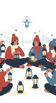 Cozy Winter Gathering With Lanterns And Warm Friends Enjoying Festive Ambiance