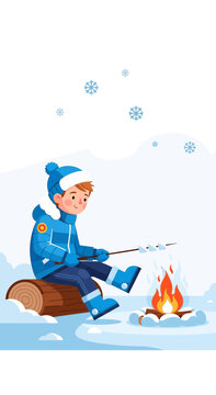 Cozy Winter Joyful Boy Roasting Marshmallow Over Campfire