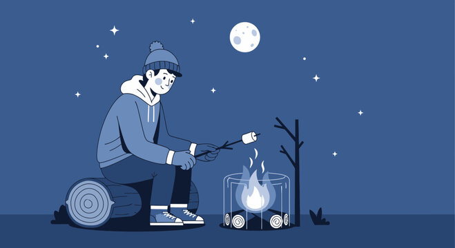 Cozy Winter Night Campfire Marshmallow Roasting Under The Moon And Stars