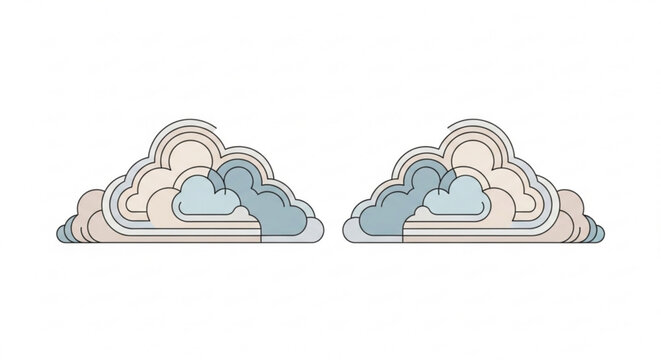 Colorful layered clouds with pastel rainbow hues on white background whimsical illustration