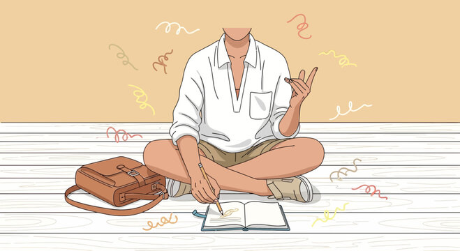 Creative Contemplation By A Young Individual With A Satchel And Notebook