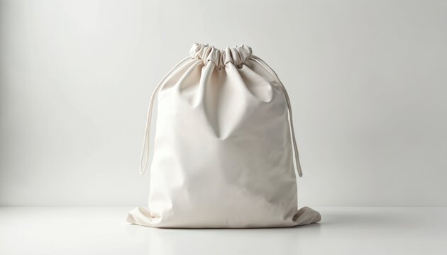 Simple textile bag with drawstring closure stands empty on white surface. Useful for travel, laundry or storage mockups. Minimalist design and clean background.