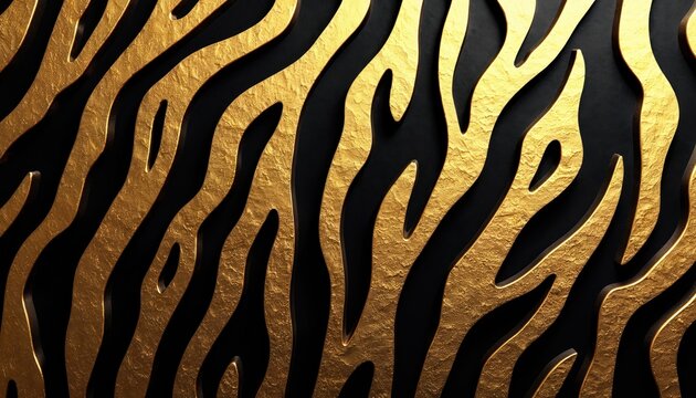 Golden tiger stripes on black background. Abstract pattern with textured gold elements. Luxurious design for fashion or decor. Modern graphic with animal print. Elegant and stylish visual.