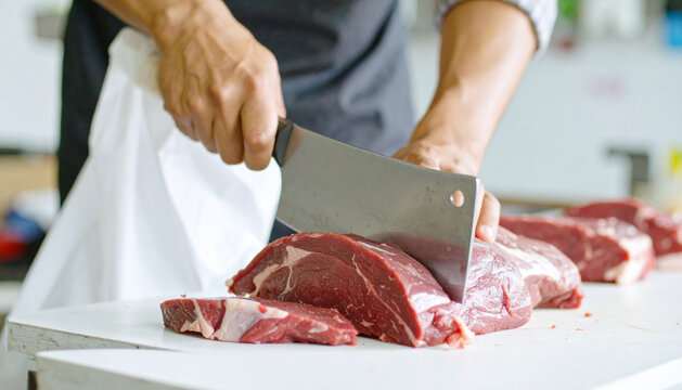 Butcher Using Large Meat Cleaver to Slice Fresh Raw Beef on Clean White Table with Paper Bag in Background
