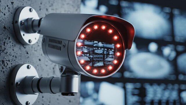 Surveillance camera mounted on wall