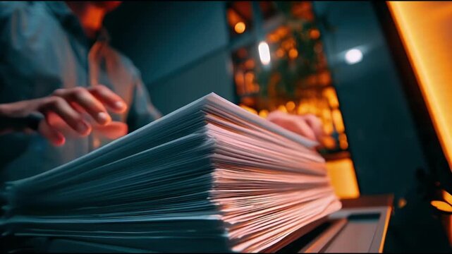 Stack of Documents and Hands Typing - Business Concept with Focus on Paperwork Data Entry and Modern Office Workflow in a Low-Light Setting