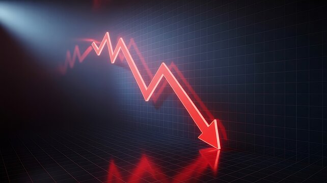 Glowing red arrow chart showing a sharp decline on a dark grid background with light effects