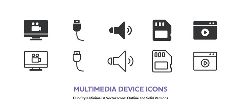 動画や音楽などのマルチメディアとパソコン周辺機器のアイコンセット。線画と塗りのベクターイラスト
