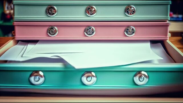 Stacked vintage storage boxes in pastel colors with brass fasteners creating a nostalgic and organized aesthetic perfect for branding backgrounds or product displays