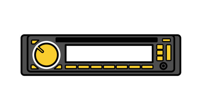 A flat vector illustration of a standard car stereo head unit with a yellow volume control knob