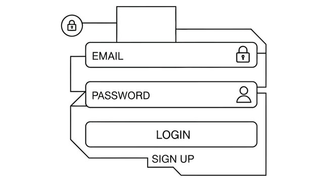 Minimalist line art depicting a login or signup form with email and password fields