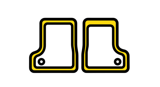 A pair of custom car floor mats featuring a black surface with a vibrant yellow border trim design