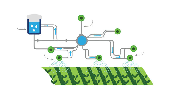 Irrigation system diagram illustrating water flow from pump to sprinklers and crops