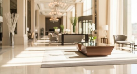 Fototapeta premium Luxurious hotel lobby with elegant decor and natural light, blurred background.
