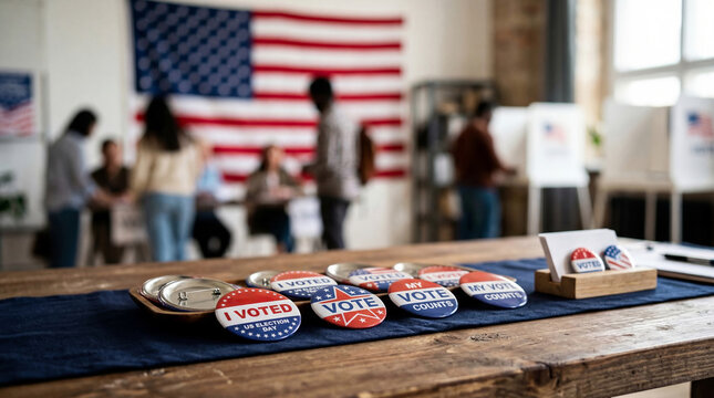 Voting pins on table at US polling station with poll workers, voters and privacy booths in the blurred background during election day