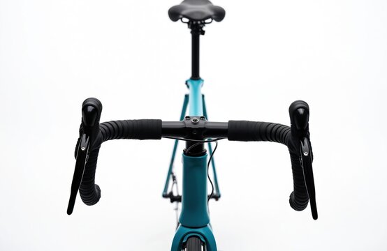 Blue road bicycle handlebars with black bar tape and brake levers. Bicycle frame detail shown against white background. Minimalist product shot.