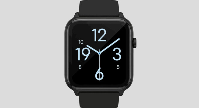 Close-up of a modern smartwatch displaying time on a black screen, minimalist design