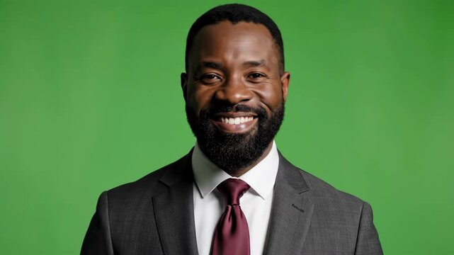Professional African-American businessman smiling in suit against green background