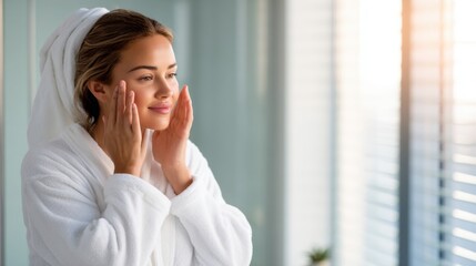 Obraz premium A woman in a bathrobe applying skincare while gazing at her reflection by a window
