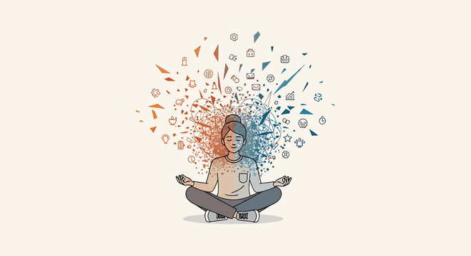 Illustration of a meditating woman with colorful thoughts exploding from her head in a serene setting.