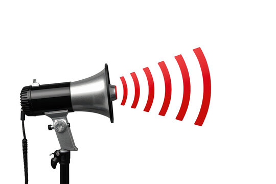 Megaphone amplifying voice, broadcasting important news, making urgent public announcement with sound waves, transparent background