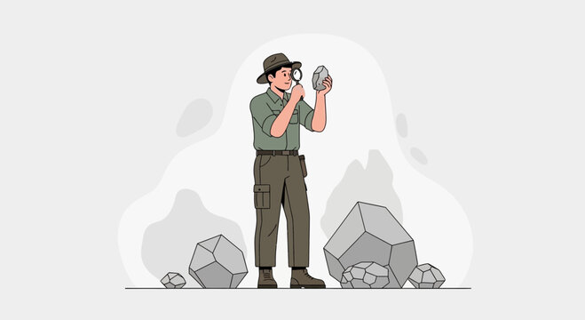 Curious Geologist Examining Stone Through Magnifying Glass Discovery Adventure