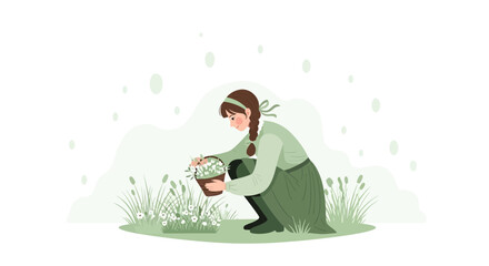 Fototapeta premium Delicate Woman Gathers Wildflowers In A Basket Peaceful Spring Meadow Scene