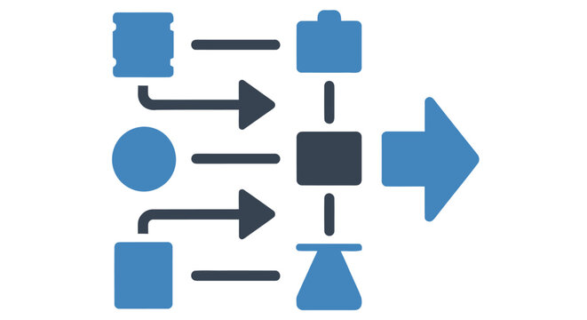 Blue infographic depicting a process flow with squares circles and arrows