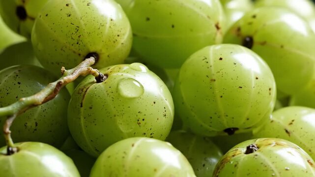 Close-up of organic raw amla fruits with dew drops in bright sunlight, medicinal foods