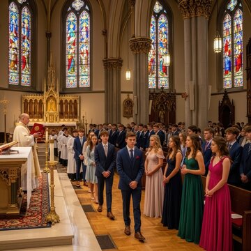 Procession of graduates in a church during a graduation ceremony.