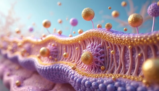 Close up of cell membrane structure with lipid bilayer purple and gold spheres. Molecules interact with cell wall. Scientific cellular biology illustration.