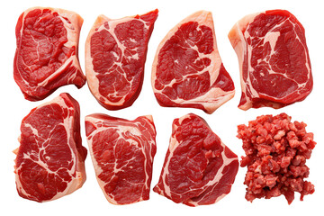 Obraz premium Raw beef cuts collection including steak, ribeye, sirloin, and ground beef, fresh preparing for cooking, transparent background