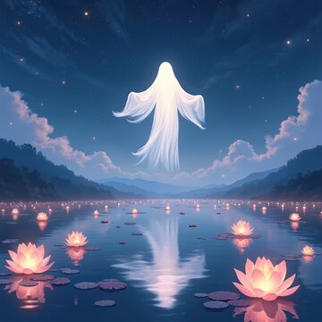 A spirit watches over floating lotus lanterns on a lake at night. Ancestors are remembered in this peaceful Asian tradition. Stars glow in the dark sky.