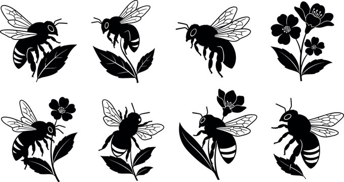 Set of bee and flower silhouettes in different poses isolated on light background flat vector illustration collection for nature gardening pollination design