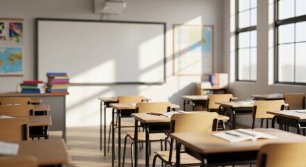 Fototapeta premium Empty Classroom with Desks and Whiteboard Bathed in Sunlight.