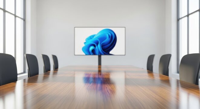 Modern Conference Room with Large Screen Displaying Windows 11 Logo.
