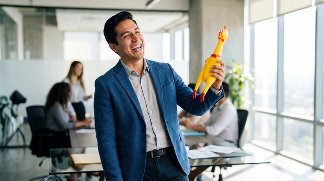 April Fools Day businessman rubber chicken toy laughing office humor corporate celebration professional funny moment workplace comedy playful