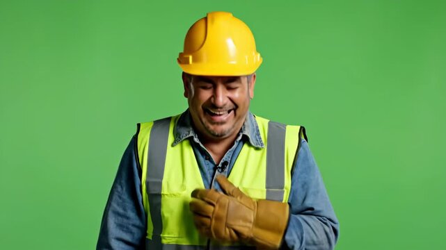 Happy construction worker wearing helmet and safety vest on green background