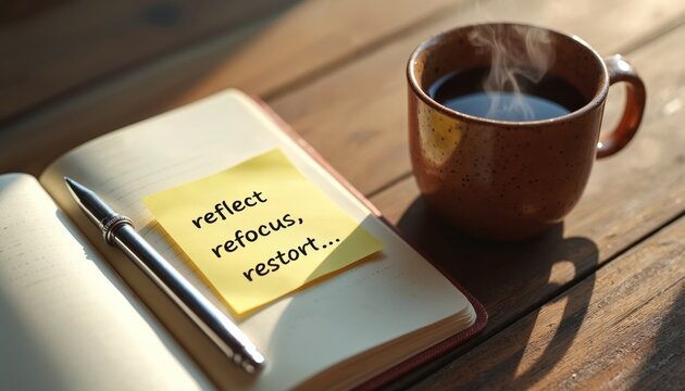 Open journal with pen sits on wooden table next to steaming cup of coffee. Yellow sticky note says reflect refocus restart. Morning concept.