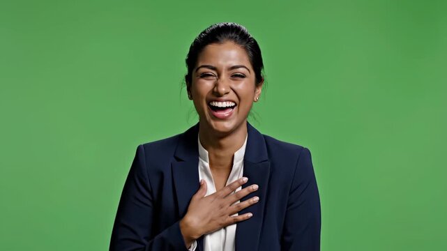 Happy Diverse Businesswoman Smiling in Professional Attire Against Green Background
