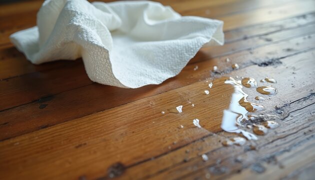 White paper towel absorbs spilled water on rustic wood table. Droplets form puddle. Cleanup mess, moisture absorption, home care. Surface drying, spill prevention.