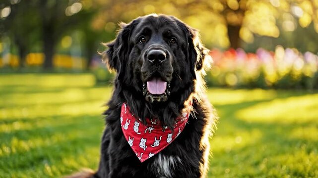 A large black dog wearing a red bandana sits in a grassy park