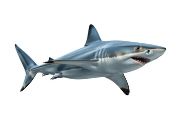 Fototapeta premium White shark swimming at an angle, showing powerful marine predator, jaws open with sharp teeth, isolated on transparent background