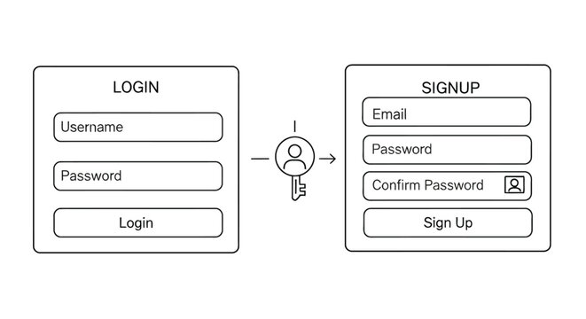 Wireframe mockup of login and signup forms with a key illustrating security