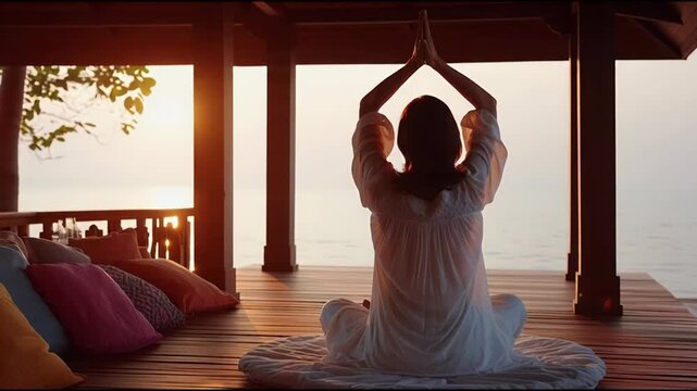 Woman meditating in a tranquil pavilion overlooking a serene ocean sunset embracing peace and mindfulness with arms raised in a gesture of gratitude and openness